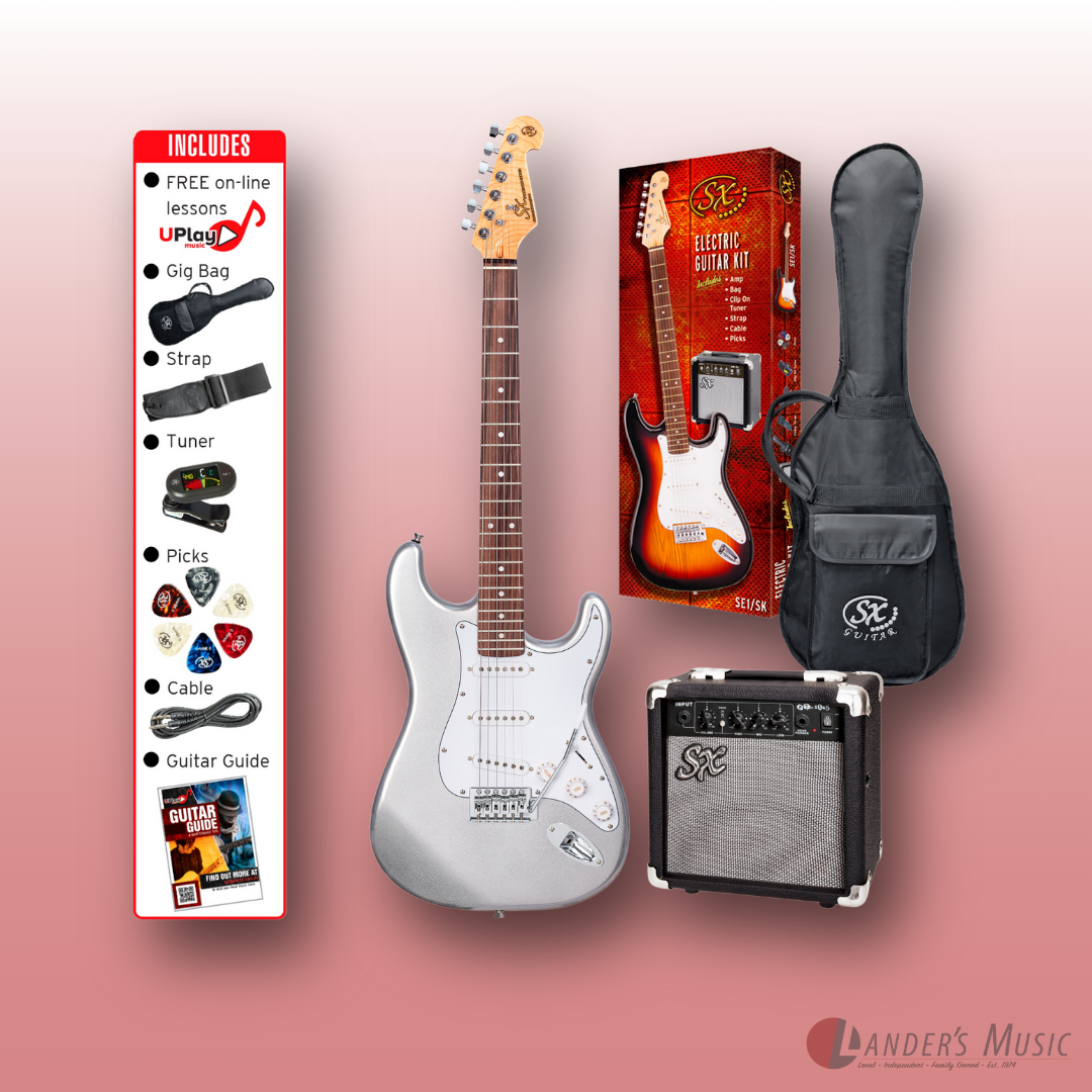 SX S Style in Metallic Silver Sparkle Electric Guitar and Amp Package