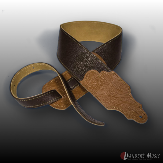 Franklin 3" Chocolate Glove Leather with Tooled Caramel Ends Guitar Strap