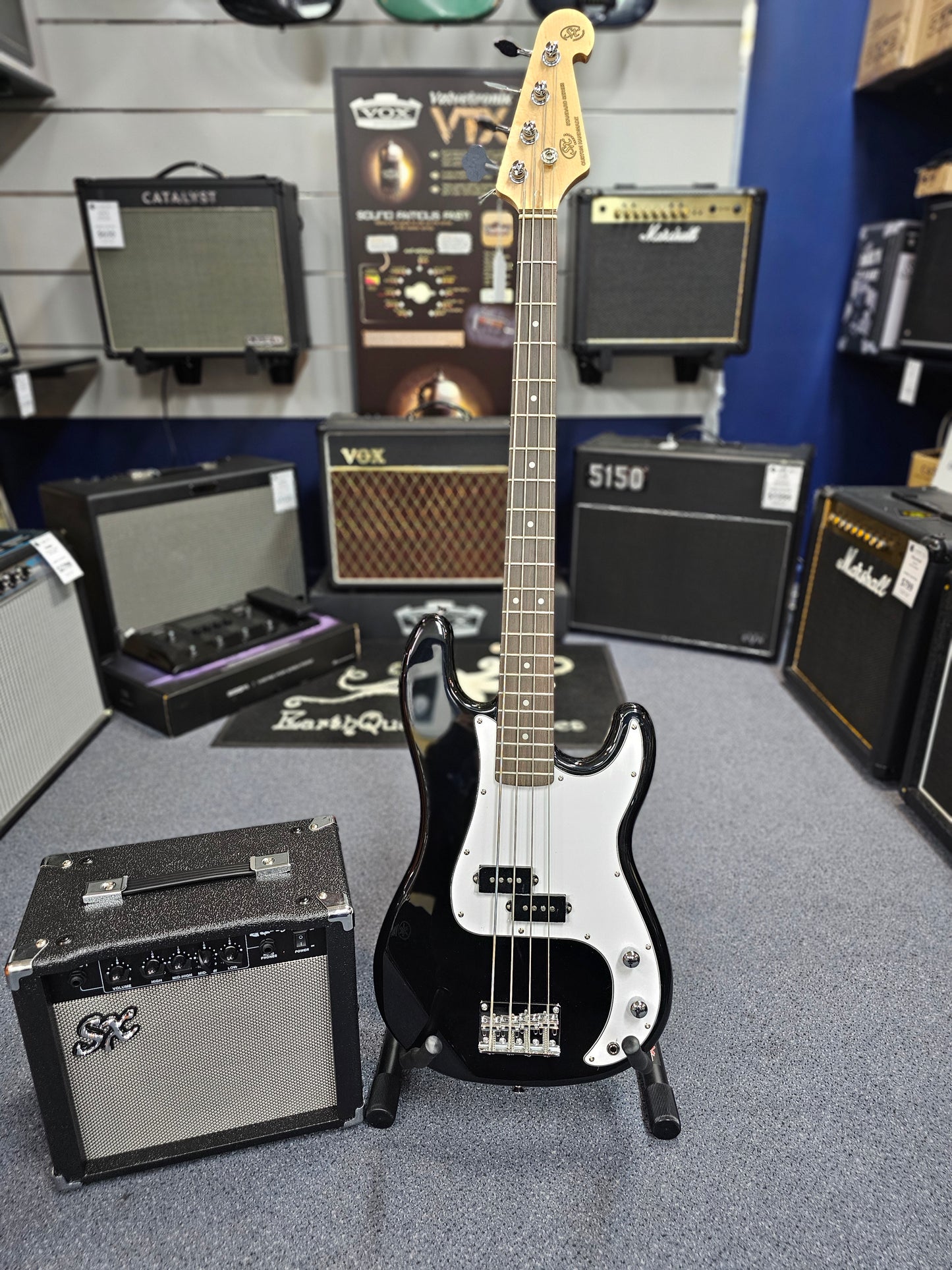 SX PB Style in Black Bass Guitar and Amp Package